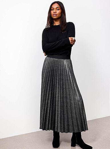 Contemporaine Slate Grey Metallized knit pleated skirt for women