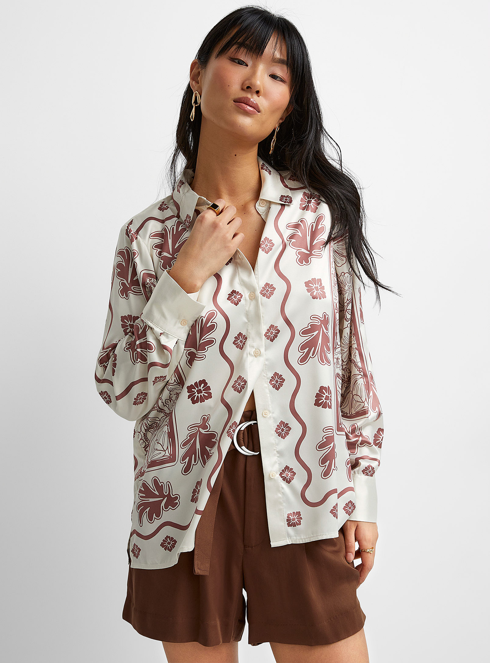Icone Printed Satin Shirt In Patterned Brown