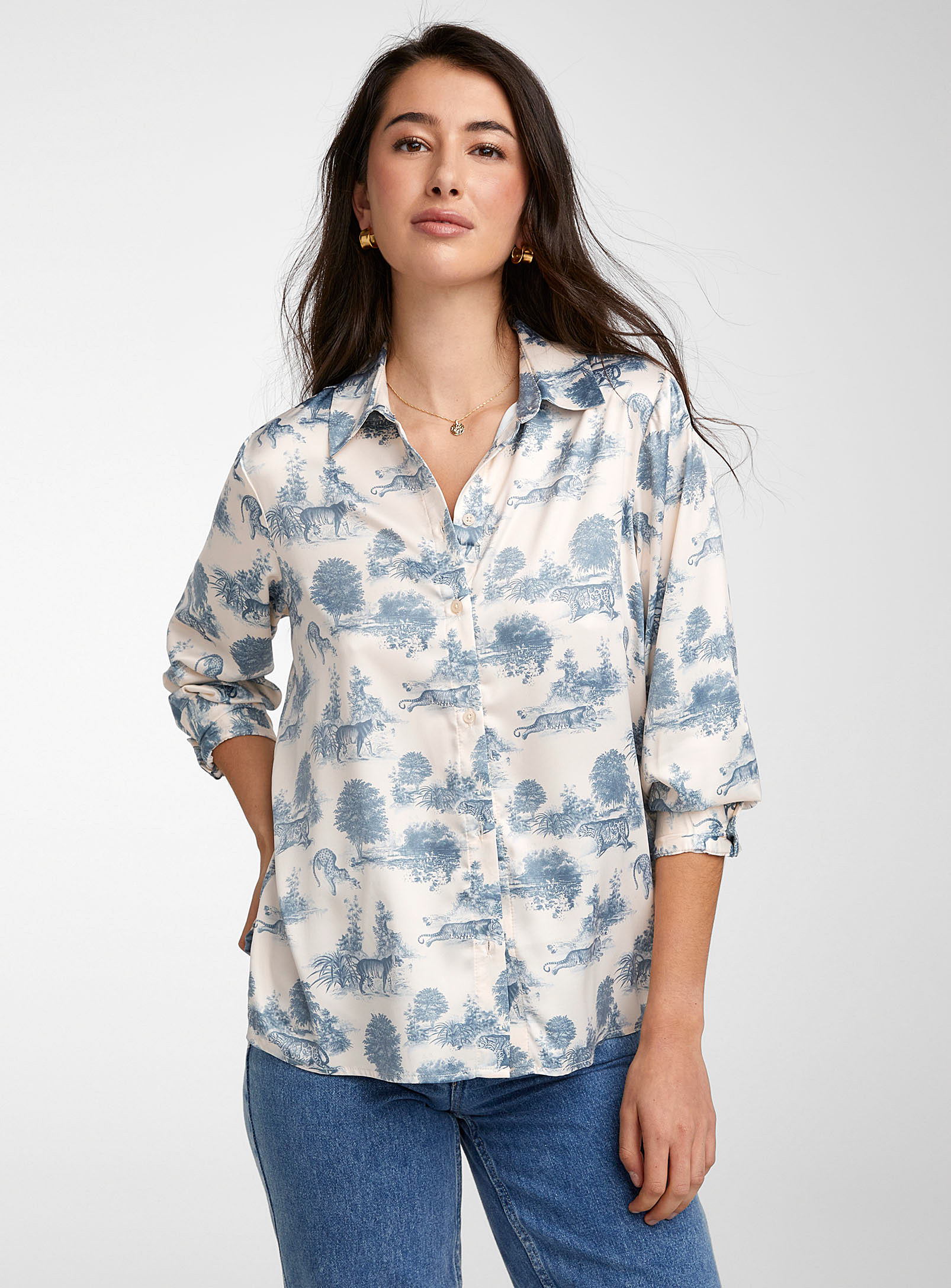 Icone Printed Satin Shirt In Patterned Blue