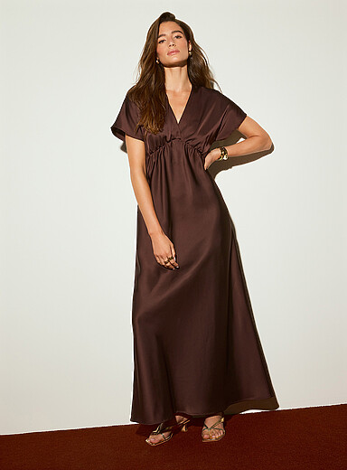 V-neck double-face satin maxi dress