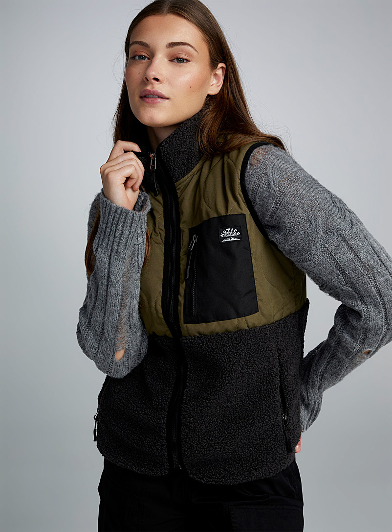 Notice The Reckless Khaki Lichen fabric and sherpa fleece sleeveless jacket for women