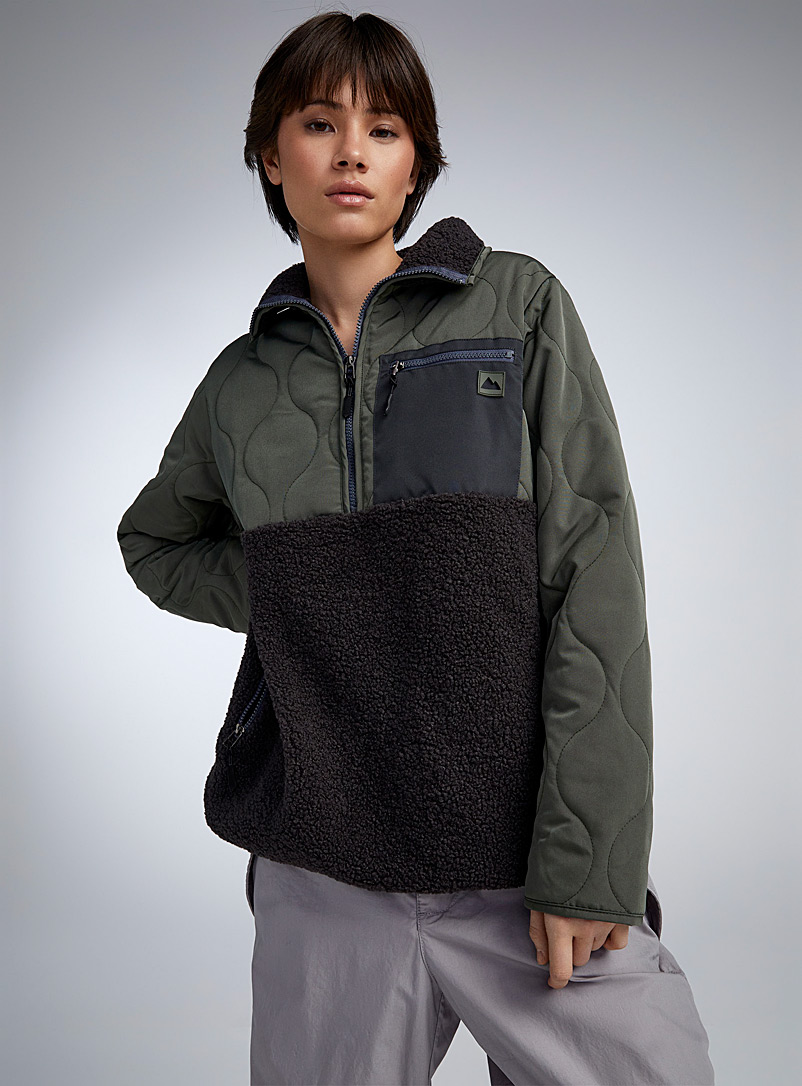 Notice The Reckless Mossy Green Quilted sherpa fleece zippered sweater for women