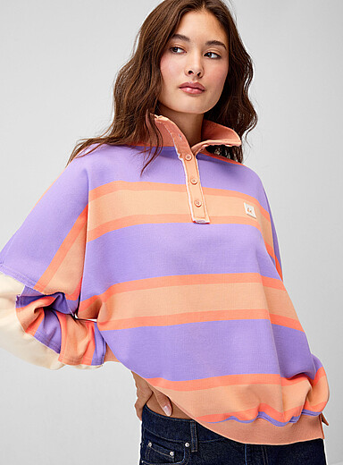 Notice The Reckless: Le sweat ratin&eacute; col montant rayures sorbet Orange &agrave; motifs pour femme