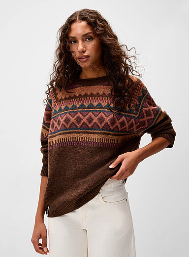Notice The Reckless: Le chandail col roulott&eacute; jacquard g&eacute;om&eacute;trique Brun &agrave; motifs pour femme