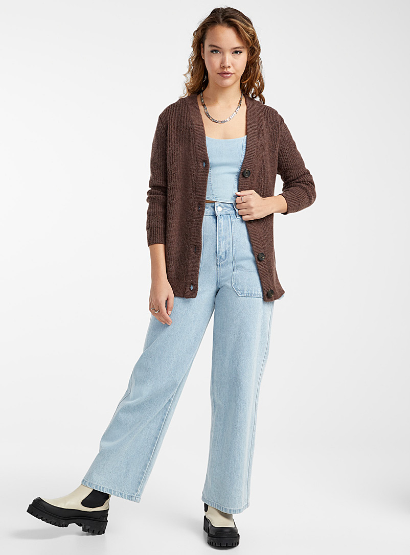 Twik Brown Ribbed knit V-neck cardigan for women