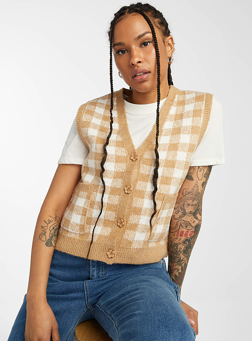 Twik Patterned Brown Floral-button gingham sweater vest for women