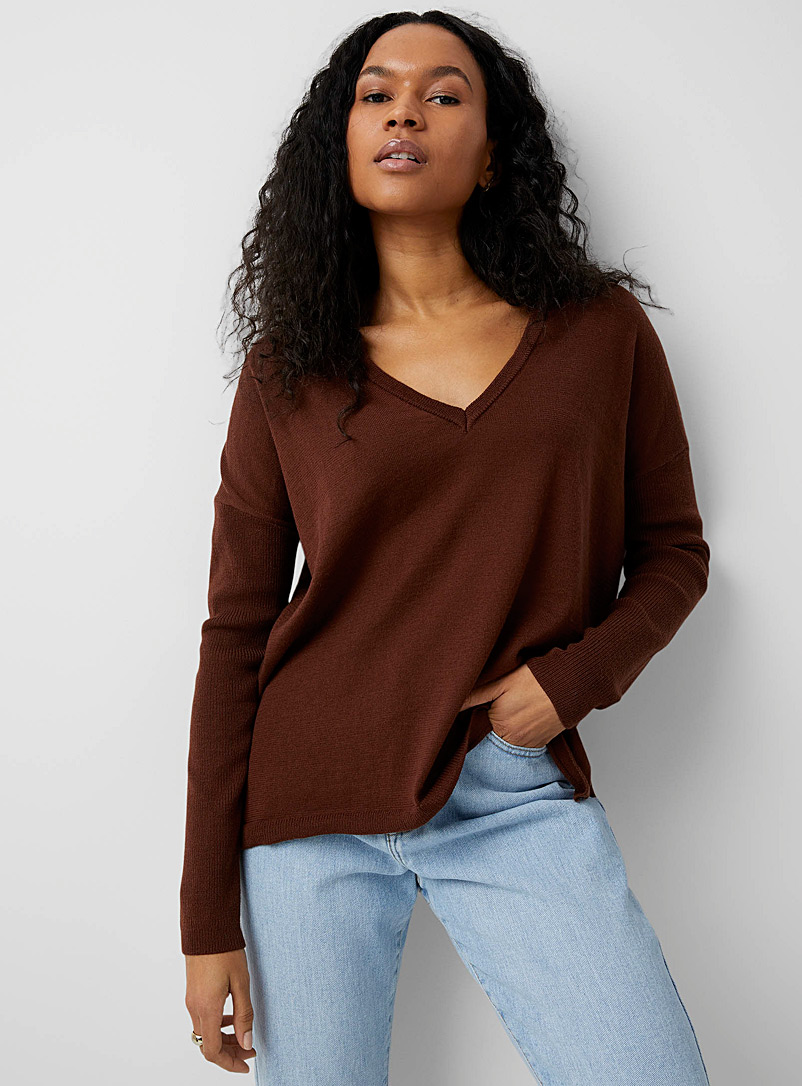 Contemporaine Dark Brown Ribbed-sleeve flowy boxy sweater for women