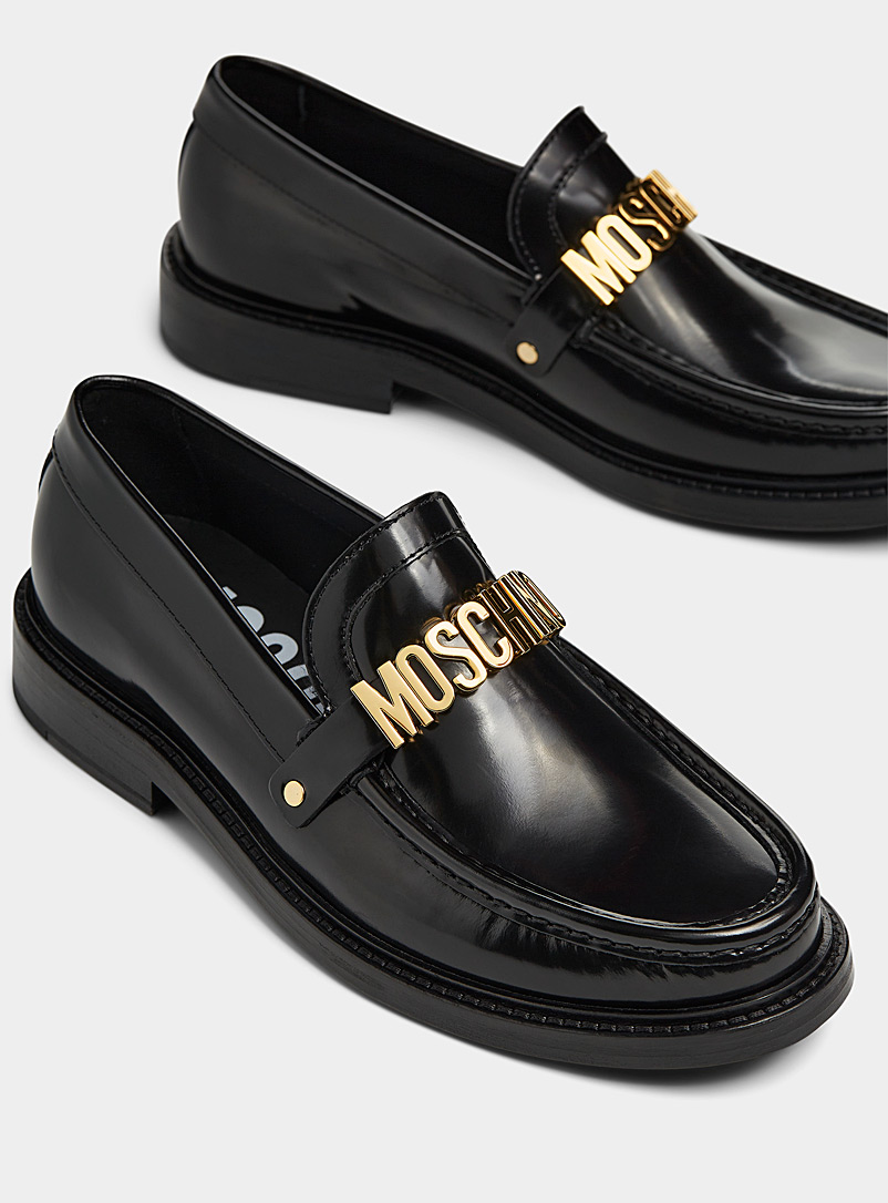 Moschino: Le flâneur en cuir lustré logo doré Homme Noir pour homme