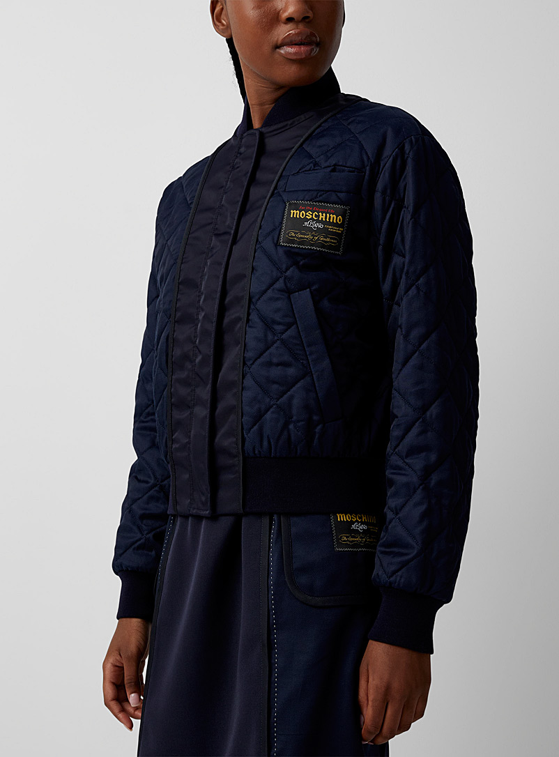 Moschino Marine Blue Signature label quilted bomber jacket for women