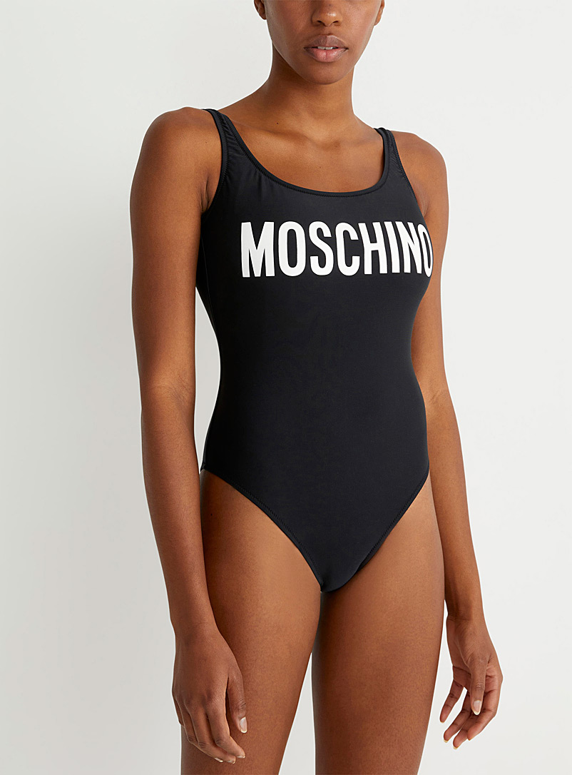 Moschino: Le maillot de bain noir à logo Blanc à motifs pour femme
