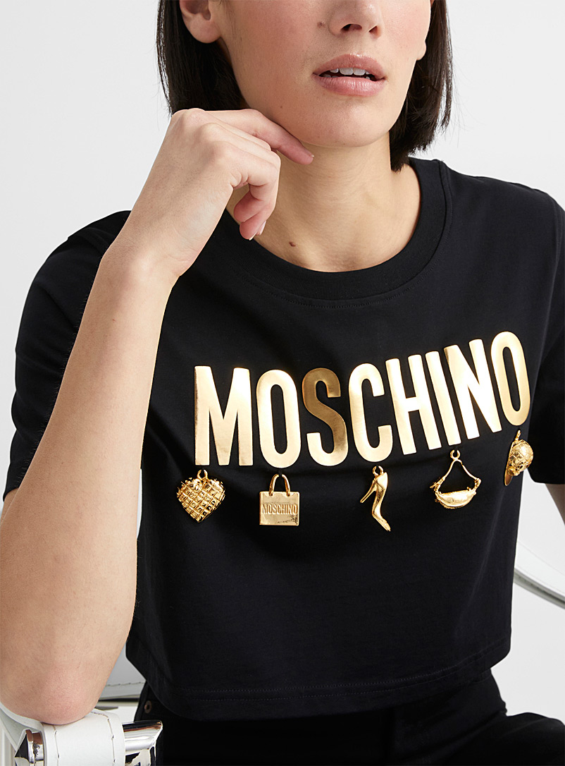 Moschino: Le t-shirt court signature dorée à breloques Noir à motifs pour femme