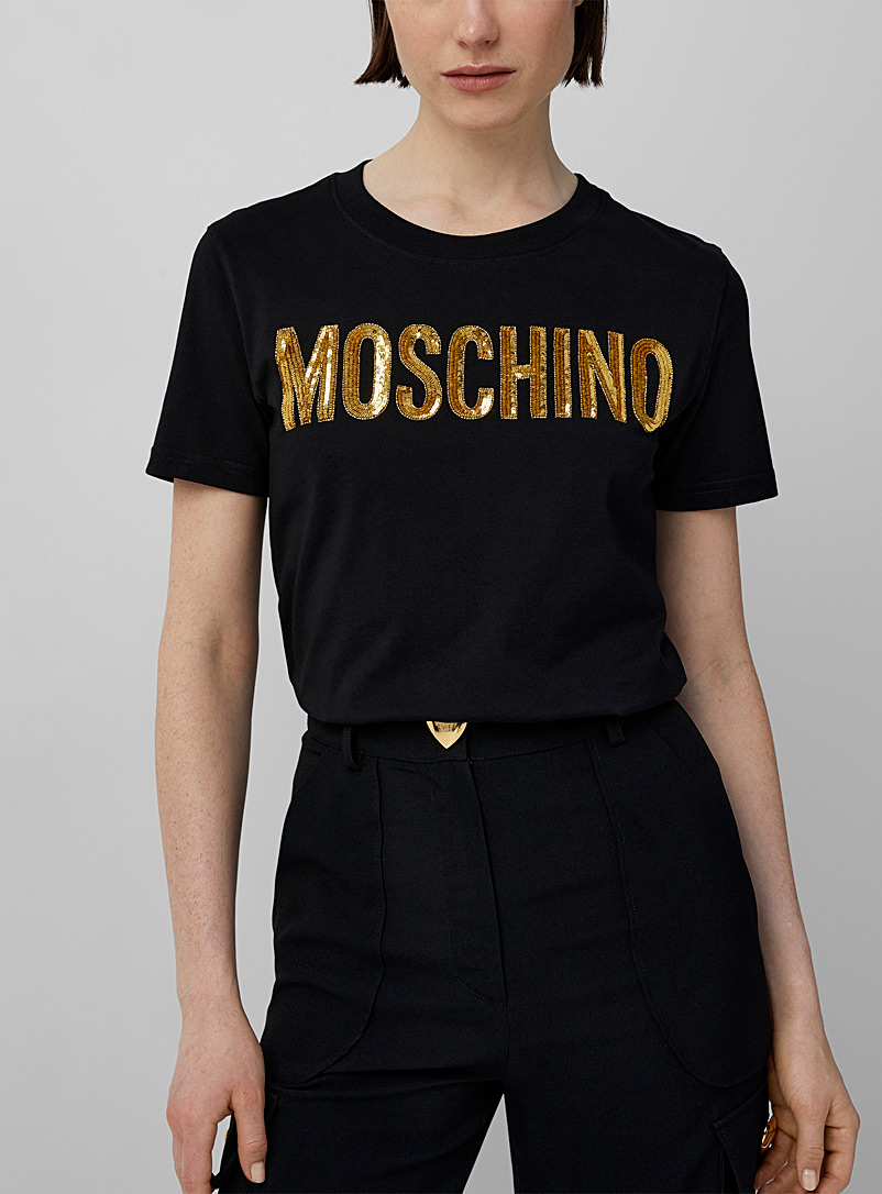 Moschino: Le t-shirt signature paillettes dorées Noir pour femme