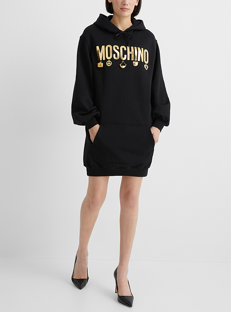 Moschino: La robe sweat signature dorée à breloques Noir à motifs pour femme