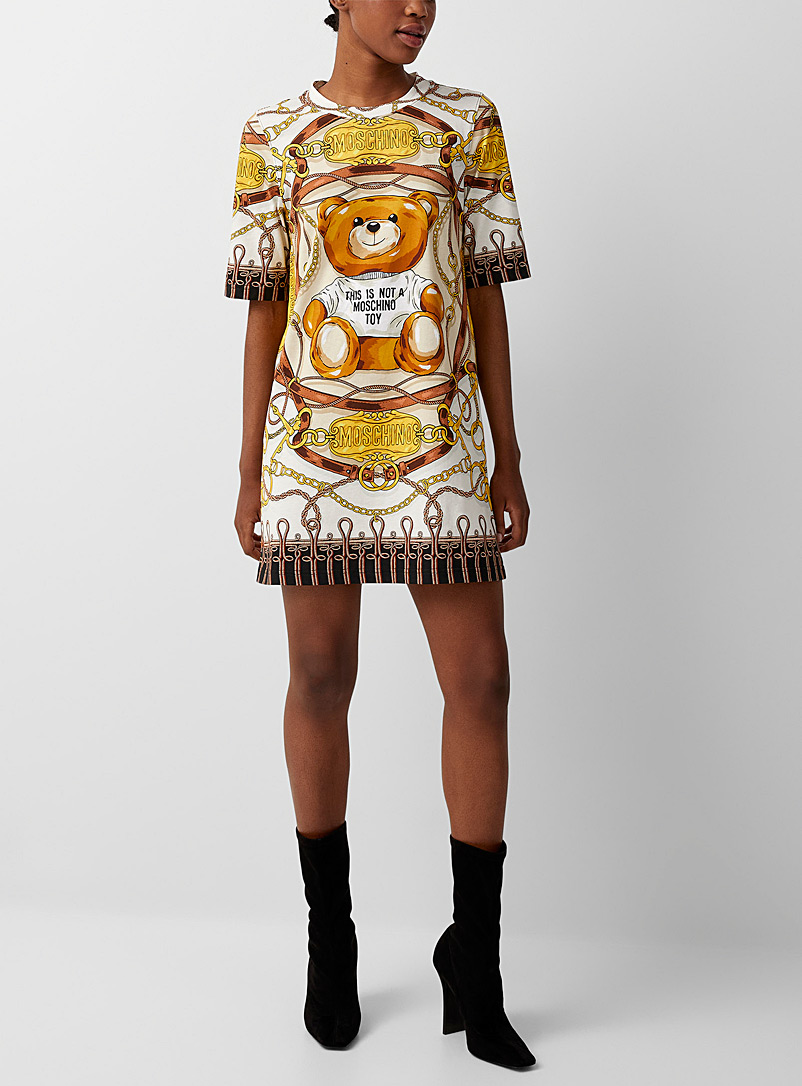 Moschino: La robe t-shirt ourson or et cuir Blanc à motifs pour femme