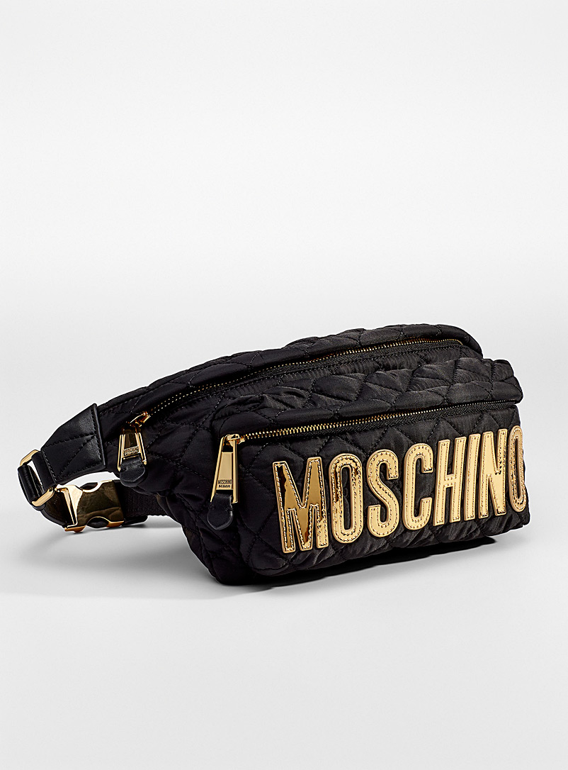 Moschino Black Oversized logo quilted nylon belt bag for women