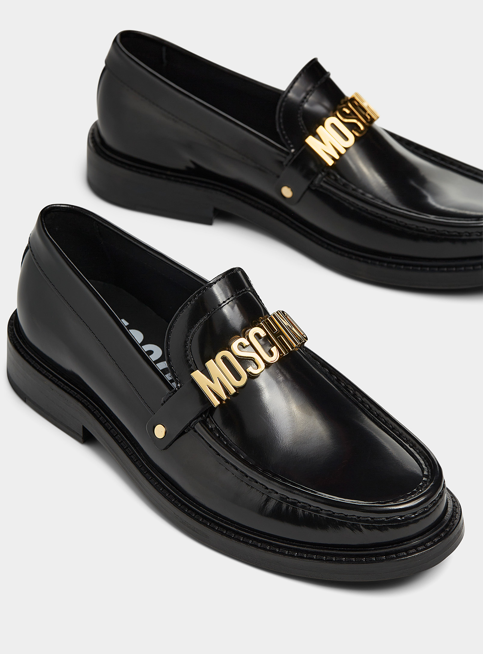 Shop Moschino Gold Logo Glossy Leather Loafers Men In Black
