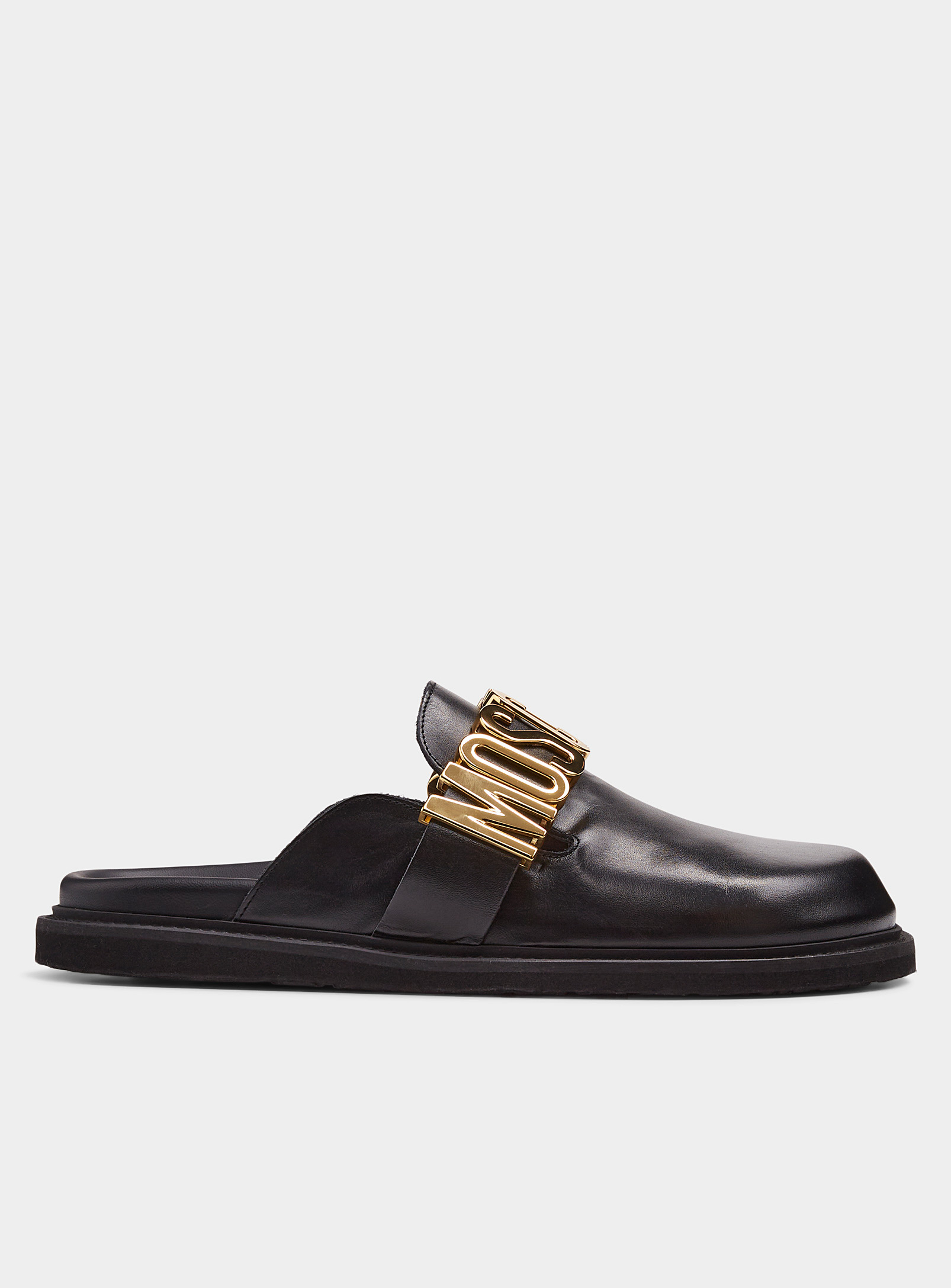 Moschino Golden Logo Leather Mules Men In Black