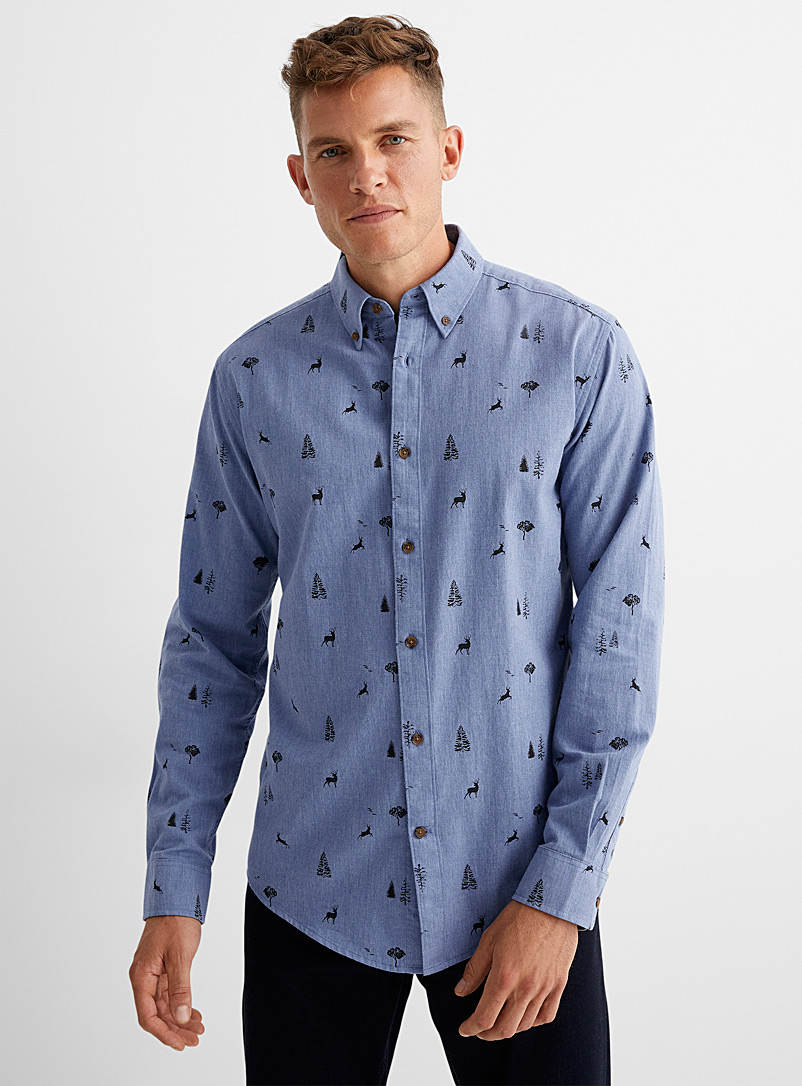 Le 31 Blue Seasonal pattern chambray shirt Modern fit for men