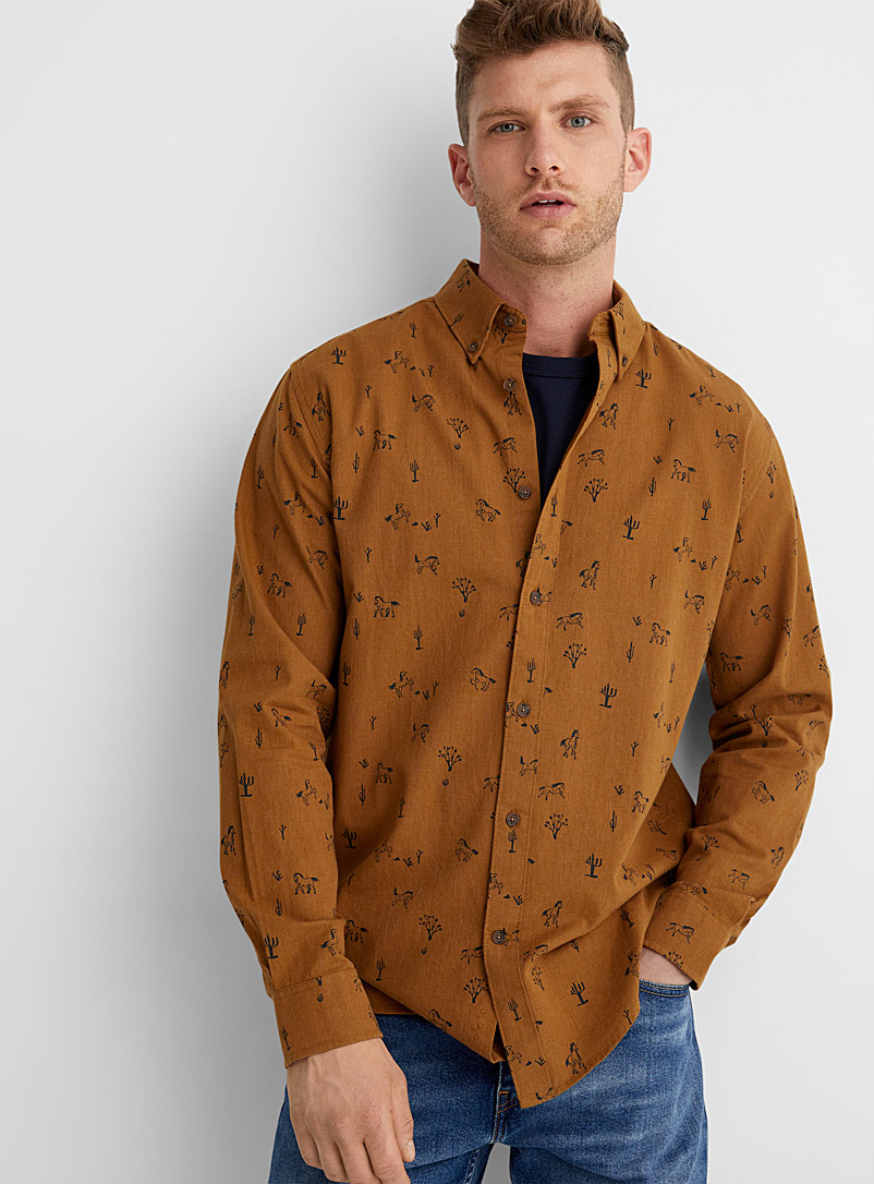 Le 31 Dark Yellow Seasonal pattern chambray shirt Modern fit for men