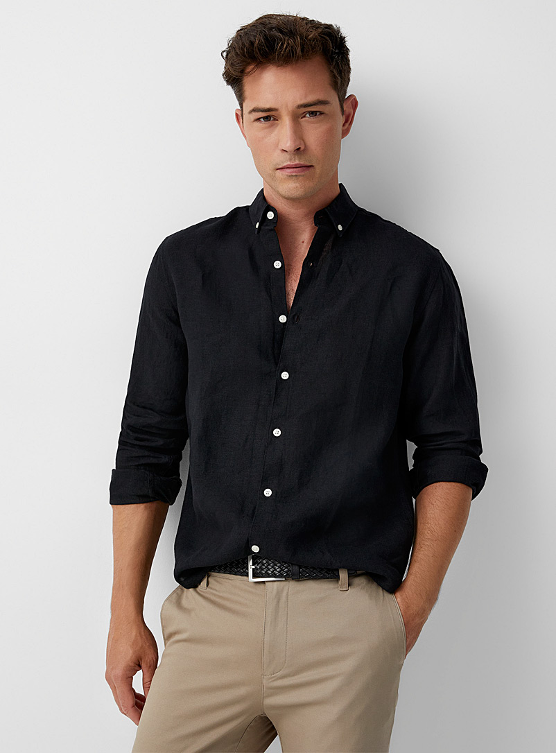 Le 31 Black Solid pure linen long-sleeve shirt Modern fit for men