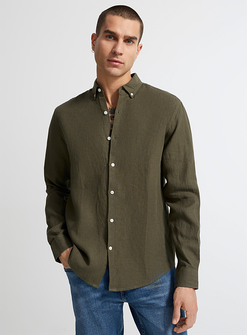 Le 31 Mossy Green Solid pure linen long-sleeve shirt Modern fit for men