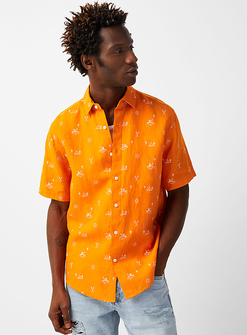 Le 31: La chemise pur lin motifs vacances Coupe moderne Orange foncé pour homme