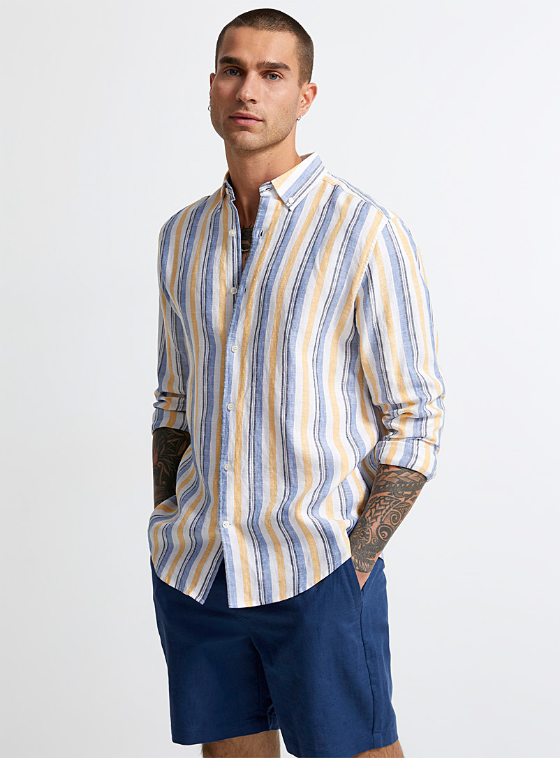 Le 31 Patterned Yellow Pure linen chambray-stripe long-sleeve shirt Comfort fit for men