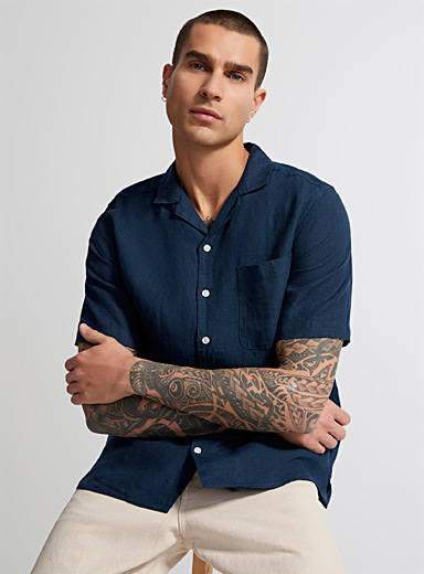 Le 31 Marine Blue Pure linen cabana shirt Comfort fit for men
