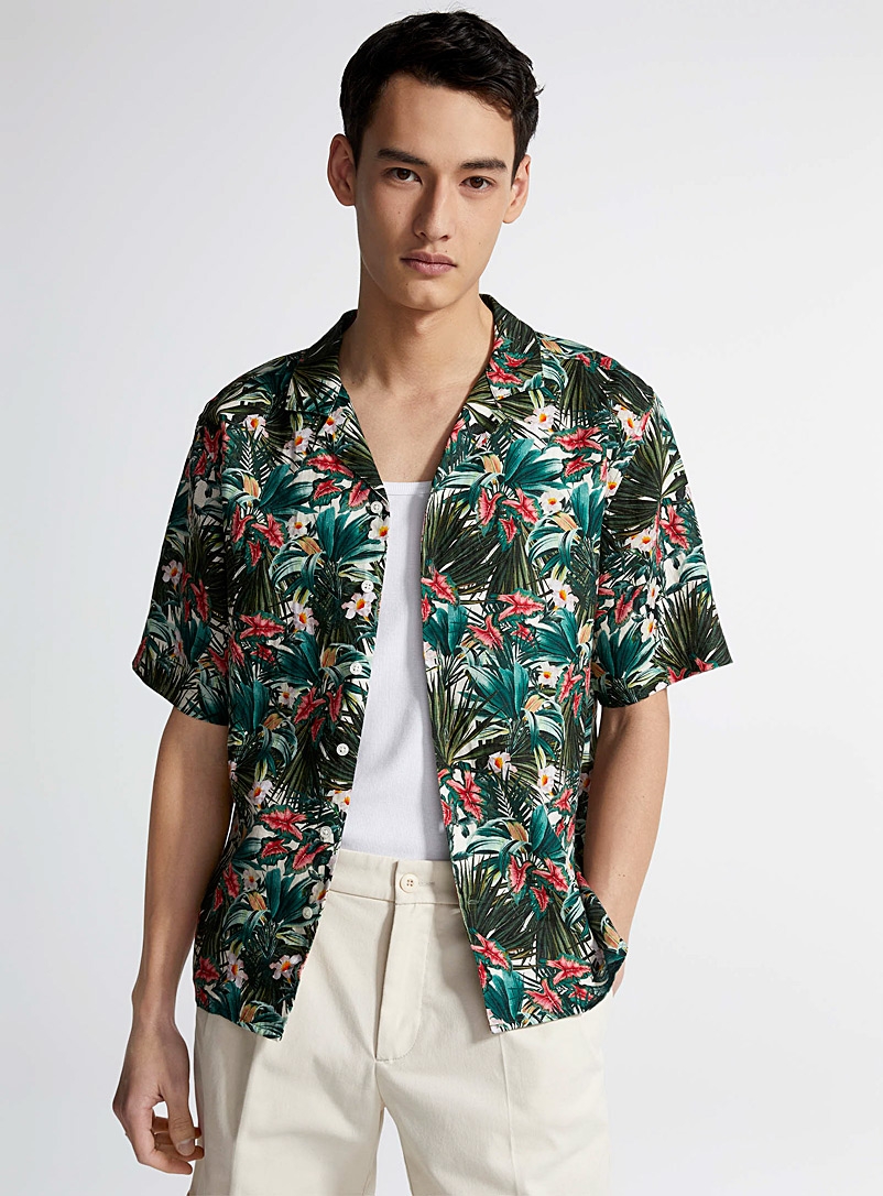 Le 31 Patterned Green 100% linen floral camp shirt Comfort fit for men