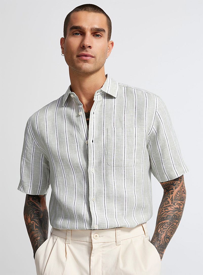 Le 31: La chemise pure lin pastel chambray rayée Coupe confort Écru à motifs pour homme