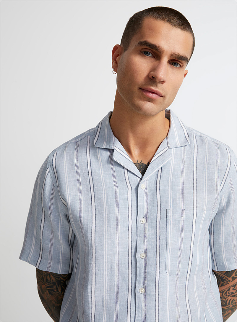 Le 31 Patterned Blue Pure linen striped cabana shirt Comfort fit for men