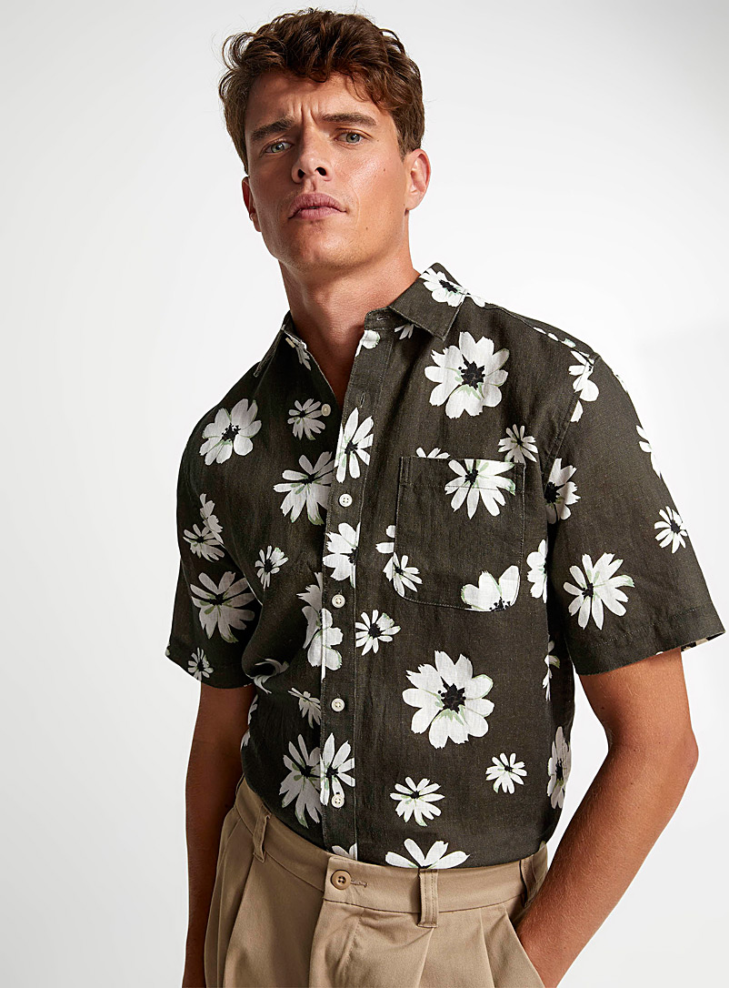 Le 31 Patterned Green 100% linen floral shirt Modern fit for men