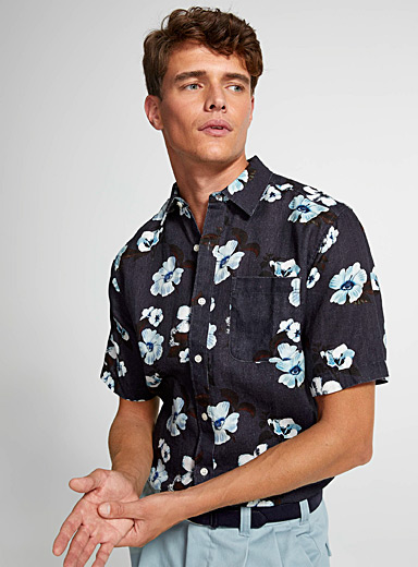 Le 31 Patterned Blue 100% linen floral shirt Modern fit for men