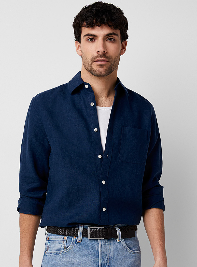 Le 31 Blue Solid pure linen long-sleeve shirt Comfort fit for men