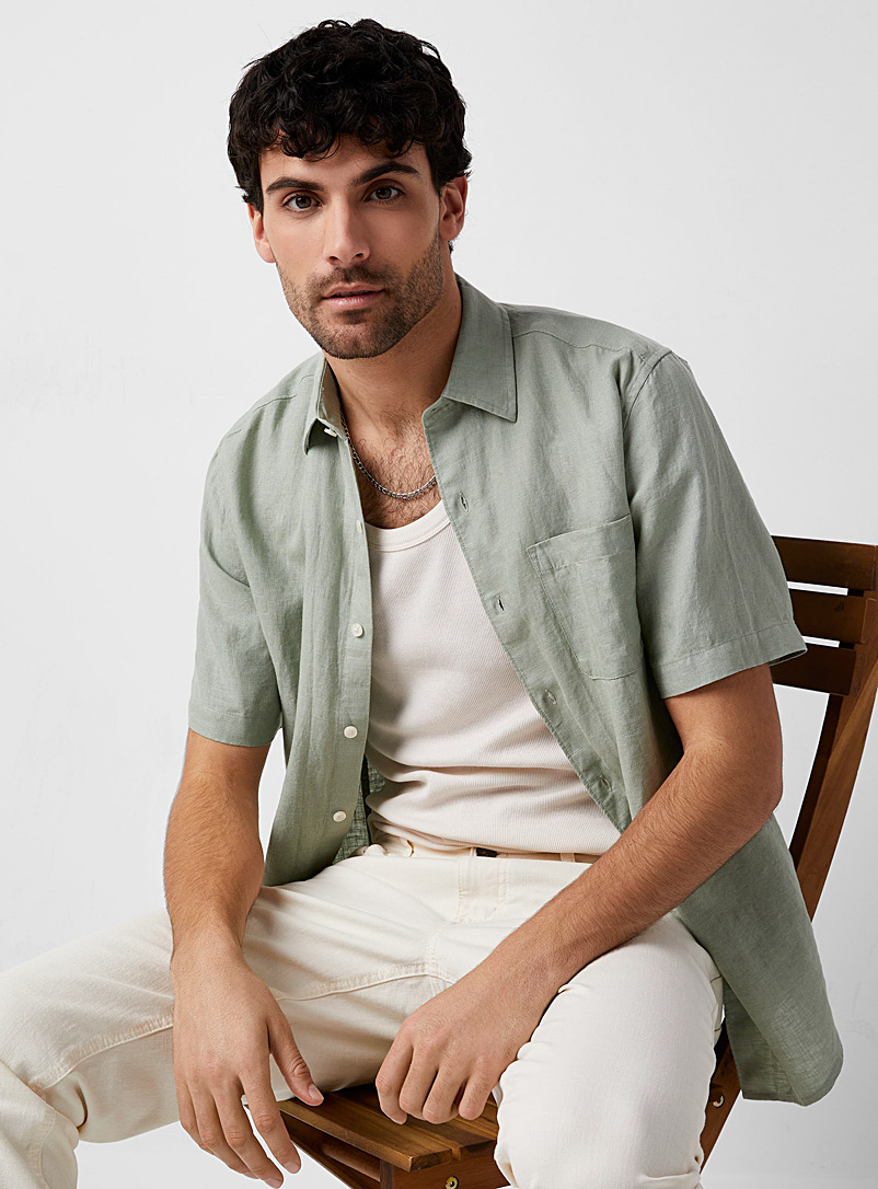 Le 31 Green Solid organic linen shirt Modern fit for men