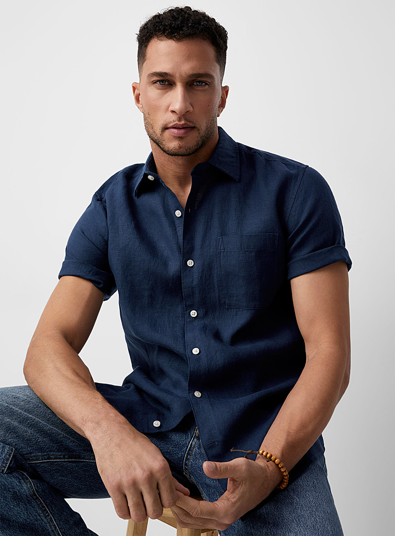 Le 31 Indigo/Dark Blue Solid organic linen shirt Modern fit for men