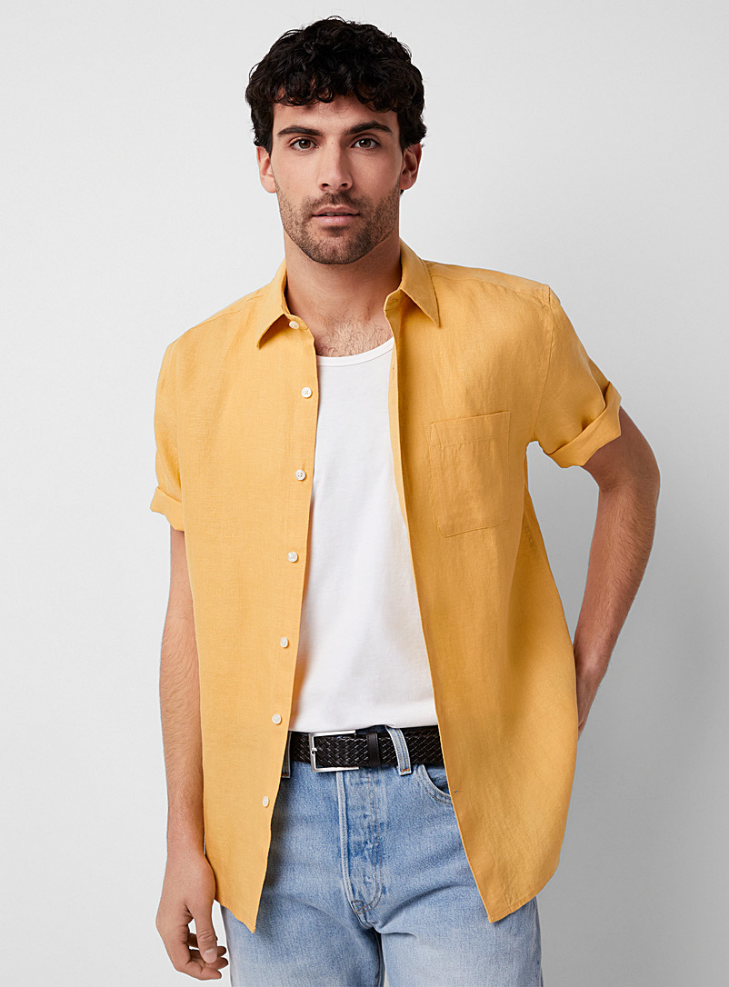 Le 31 Corn/Vanilla Yellow Solid organic linen shirt Modern fit for men