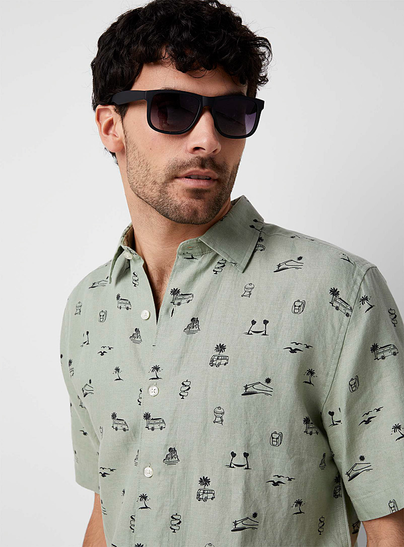 Le 31 Lime Green Patterned organic linen shirt Modern fit for men