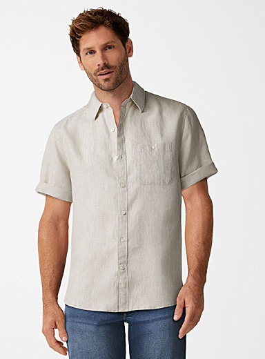 Ensemble 2 Pièces Homme En Lin – Chemise Manches Courtes & Pantalon – Tenue D’Été Décontractée, Plage, Vacances – Couleur Unie