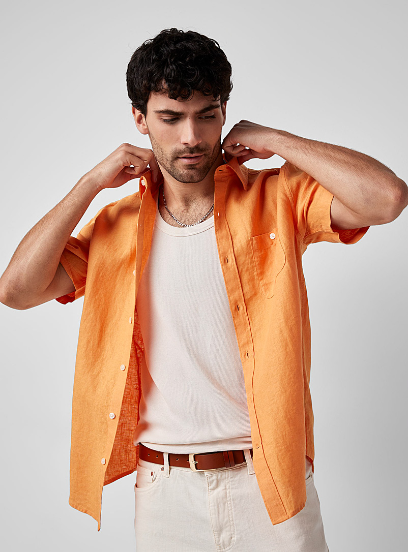 Le 31 Peach Short-sleeve organic linen solid shirt Comfort fit for men
