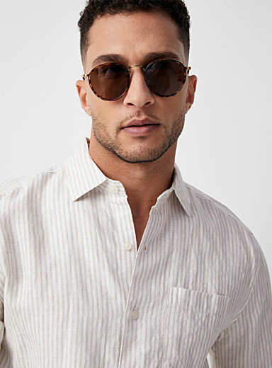 Le 31 Beige Organic linen short-sleeve striped shirt Modern fit for men