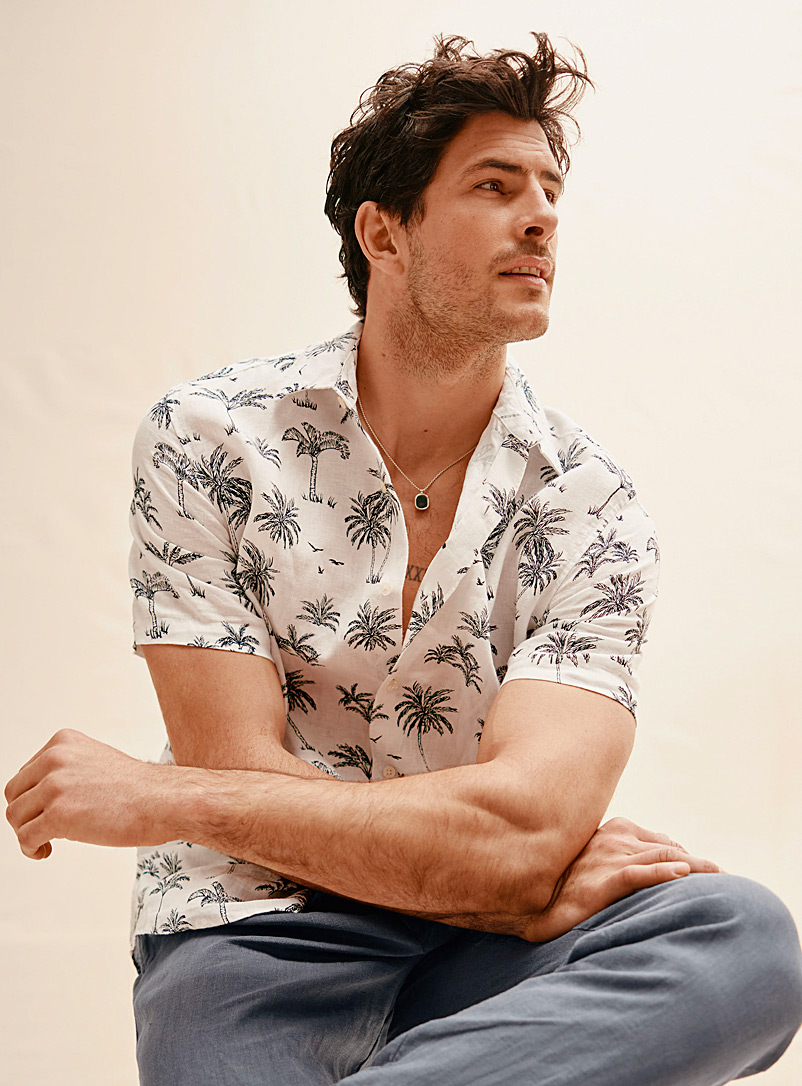 Le 31 Patterned white Exotic print organic linen shirt Modern fit for men