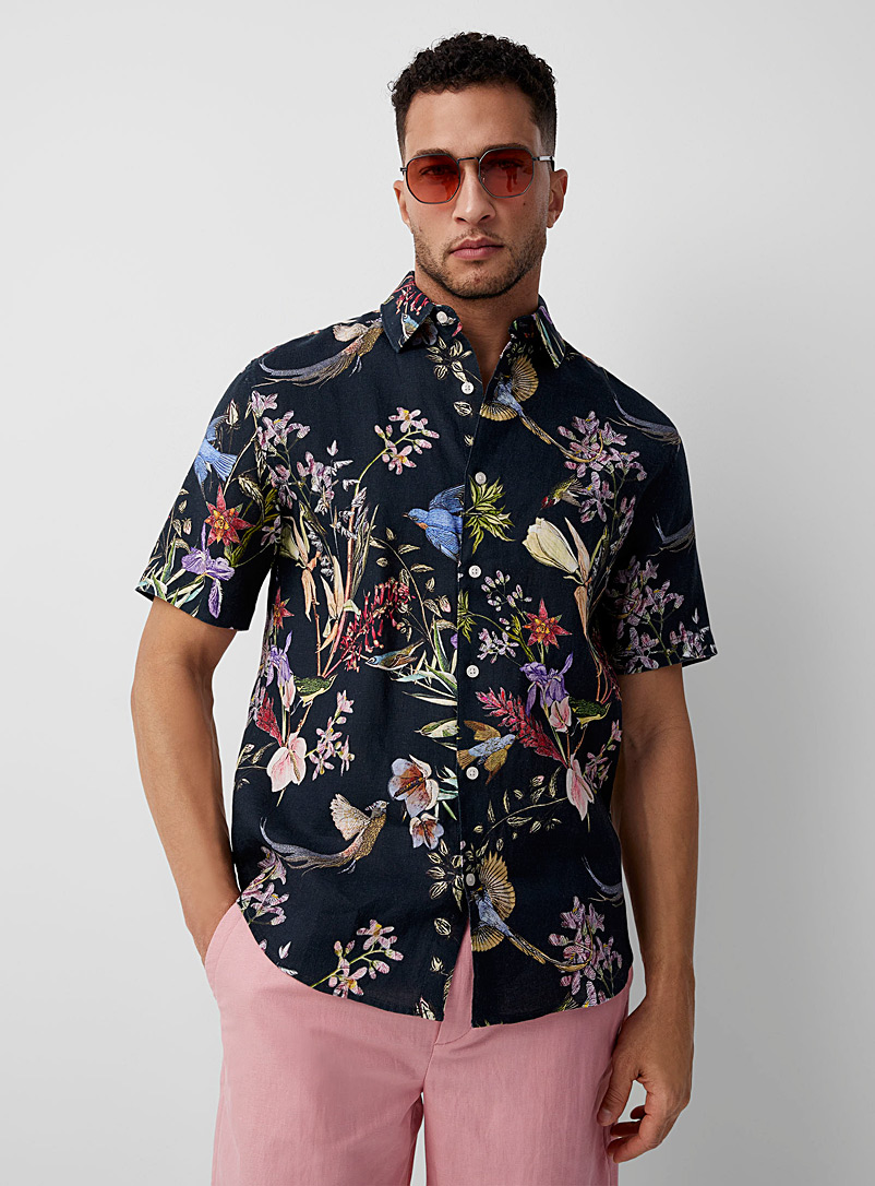 Le 31 Patterned blue Exotic print organic linen shirt Modern fit for men