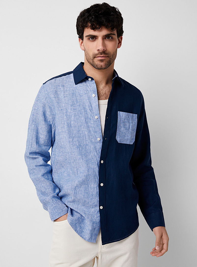 Le 31 Blue Chambray-like block pure linen shirt Modern fit for men