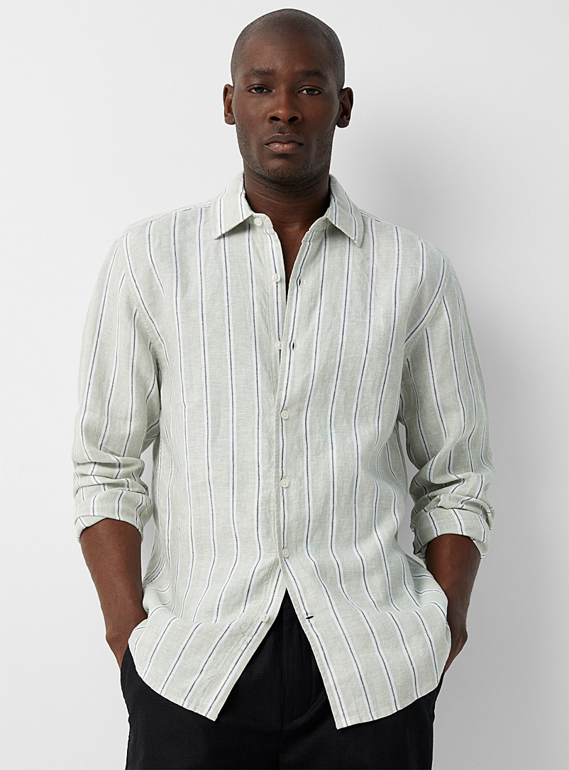 Le 31 Lime Green Pure linen chambray-stripe long-sleeve shirt Modern fit for men