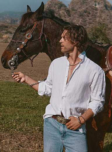 Chemise Homme En Lin Et Coton - Col Henley - Manches Longues - Coupe Droite - Style Plage/Été