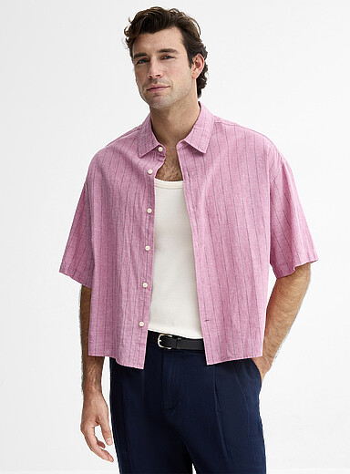 Le 31: La chemise lin rayures grav&eacute;es <b>Coupe carr&eacute;e</b> Rose pour homme