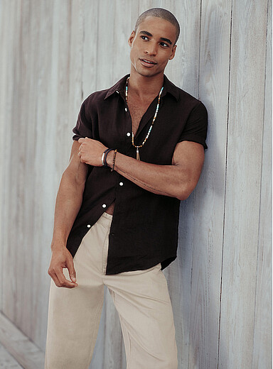 Le 31 Chocolate/Espresso 100% European linen short-sleeve shirt <b>Modern fit</b> for men