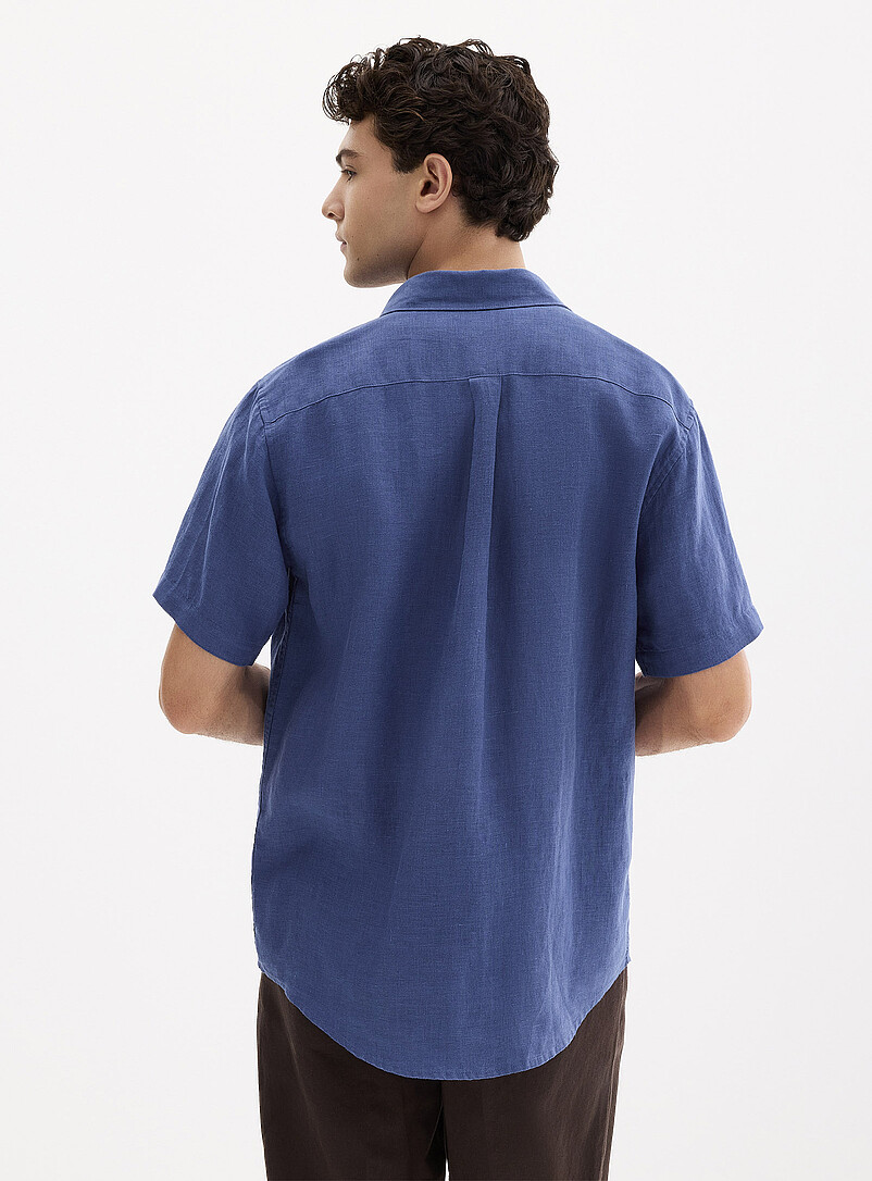 Le 31: La chemise manches courtes pur lin europ&eacute;en <b>Coupe moderne</b> Bleu moyen - Ardoise pour homme