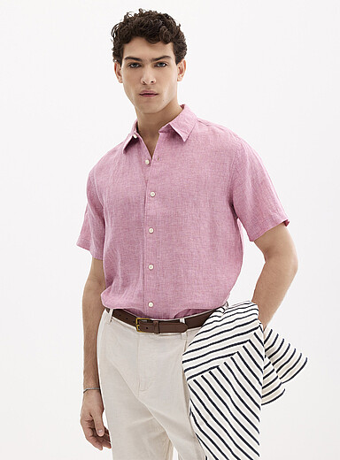 Le 31: La chemise manches courtes pur lin europ&eacute;en <b>Coupe moderne</b> Vieux rose pour homme